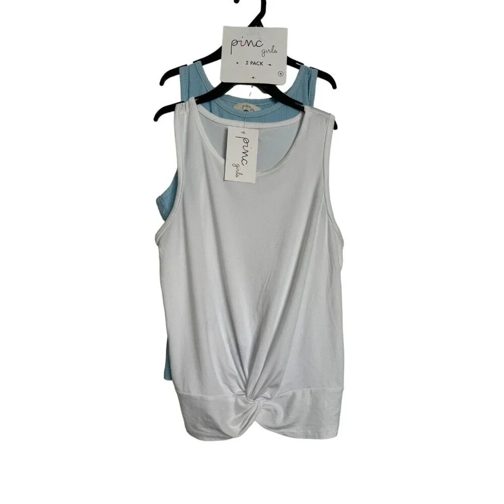 NWT BUNDLE of 2 Pinc Girls T-Shirt 16 White Blue Ribbed Sleeveless Tee Tops